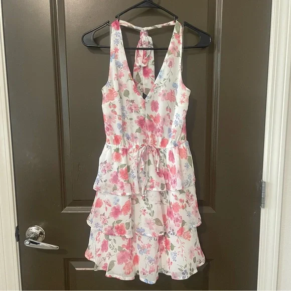 Trixxi | Dresses | Trixxi Pink White Blue Green Floral Halter Tiered Ruffle  Mini Dress Size Medium | Poshmark
